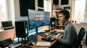 Person composing music using AI software on a computer with MIDI keyboard and headphones